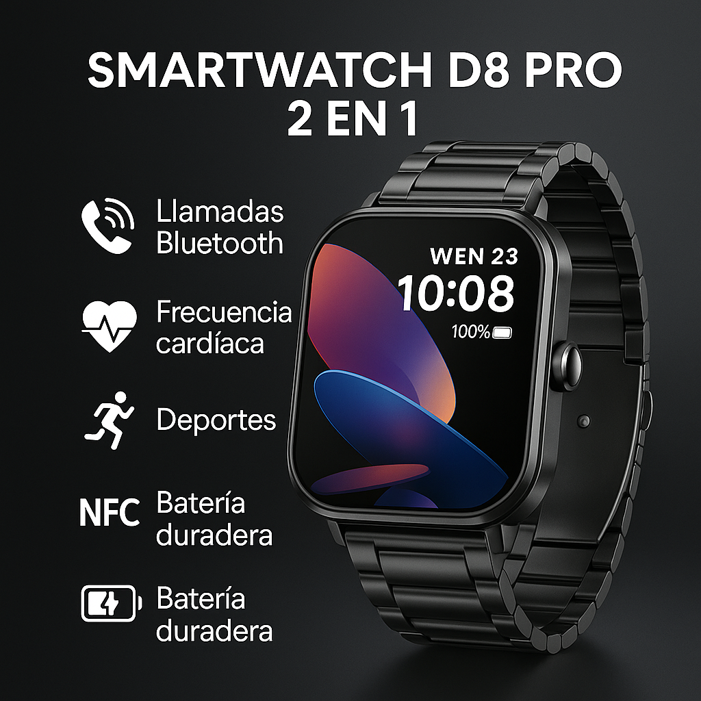 Smartwatch D8 Pro 2 en 1: potencia, estilo y audífonos integrados