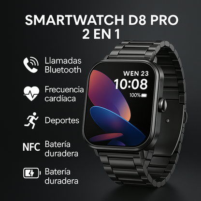 Smartwatch D8 Pro 2 en 1: potencia, estilo y audífonos integrados