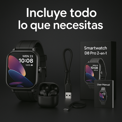 Smartwatch D8 Pro 2 en 1: potencia, estilo y audífonos integrados